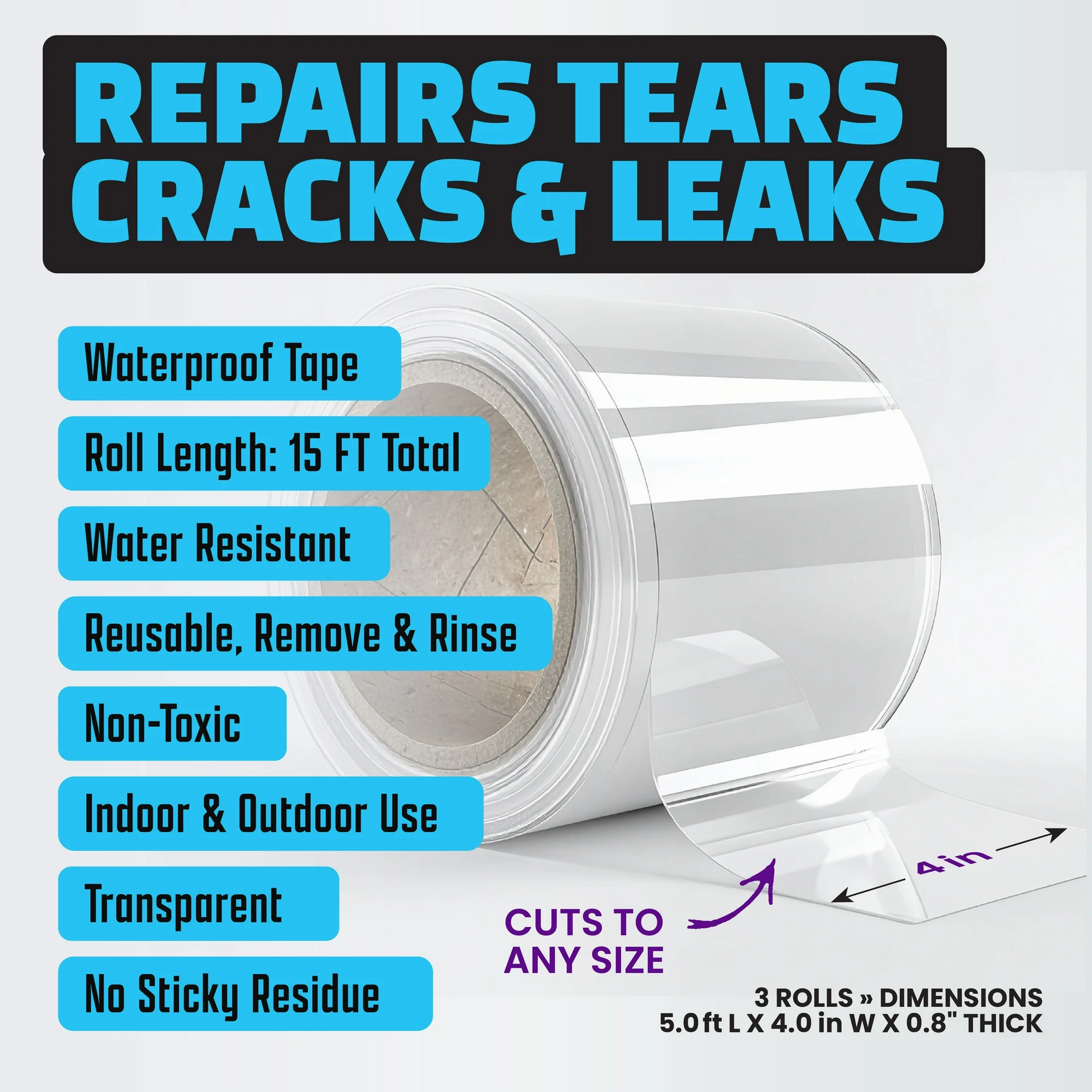 Alien Shield Transparent Sealing Tape Waterproof Repair Tape Adhesive Strips Patch Tape to Repair Tears, Cracks, and Leaks, 3 Rolls Total 15 Feet Rolls x 4” Width As Seen On TV, 3 Pack - Image 2