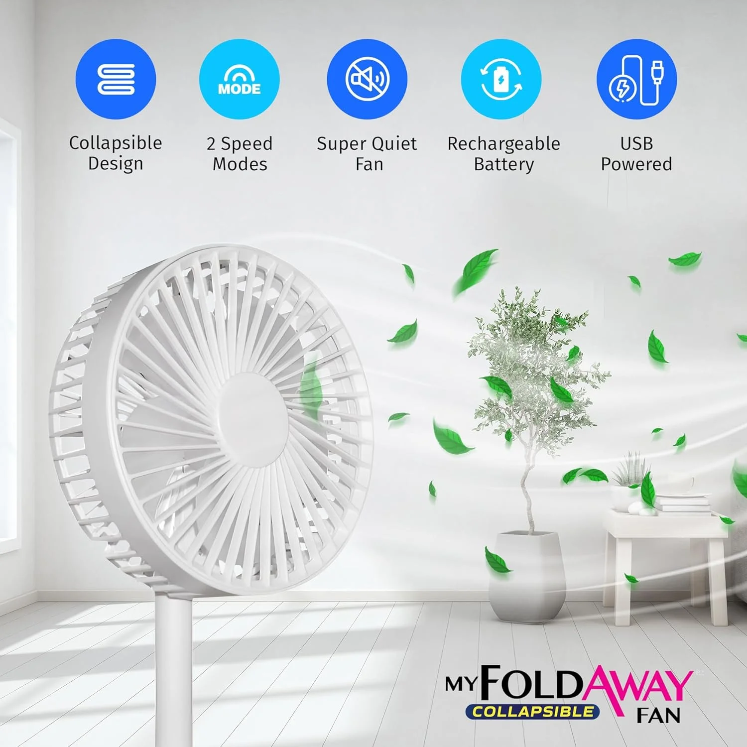 Bell + Howell My Foldaway Fan Rechargeable Fan Collapsible, Ultra Lightweight Portable Compact Extendable to 12" High with 2 Speed Modes As Seen On TV - Image 11