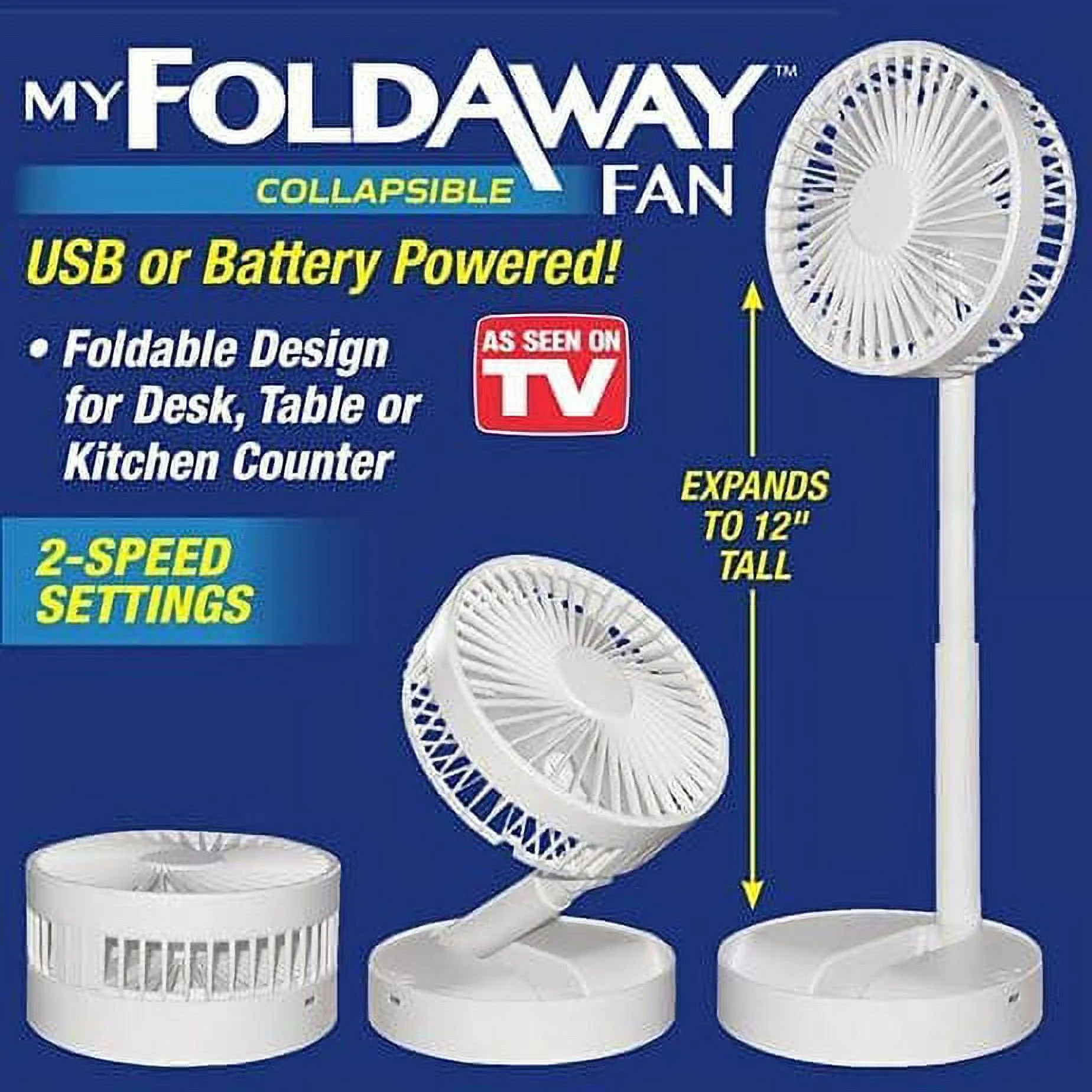 Bell + Howell My Foldaway Fan Rechargeable Fan Collapsible, Ultra Lightweight Portable Compact Extendable to 12" High with 2 Speed Modes As Seen On TV - Image 2