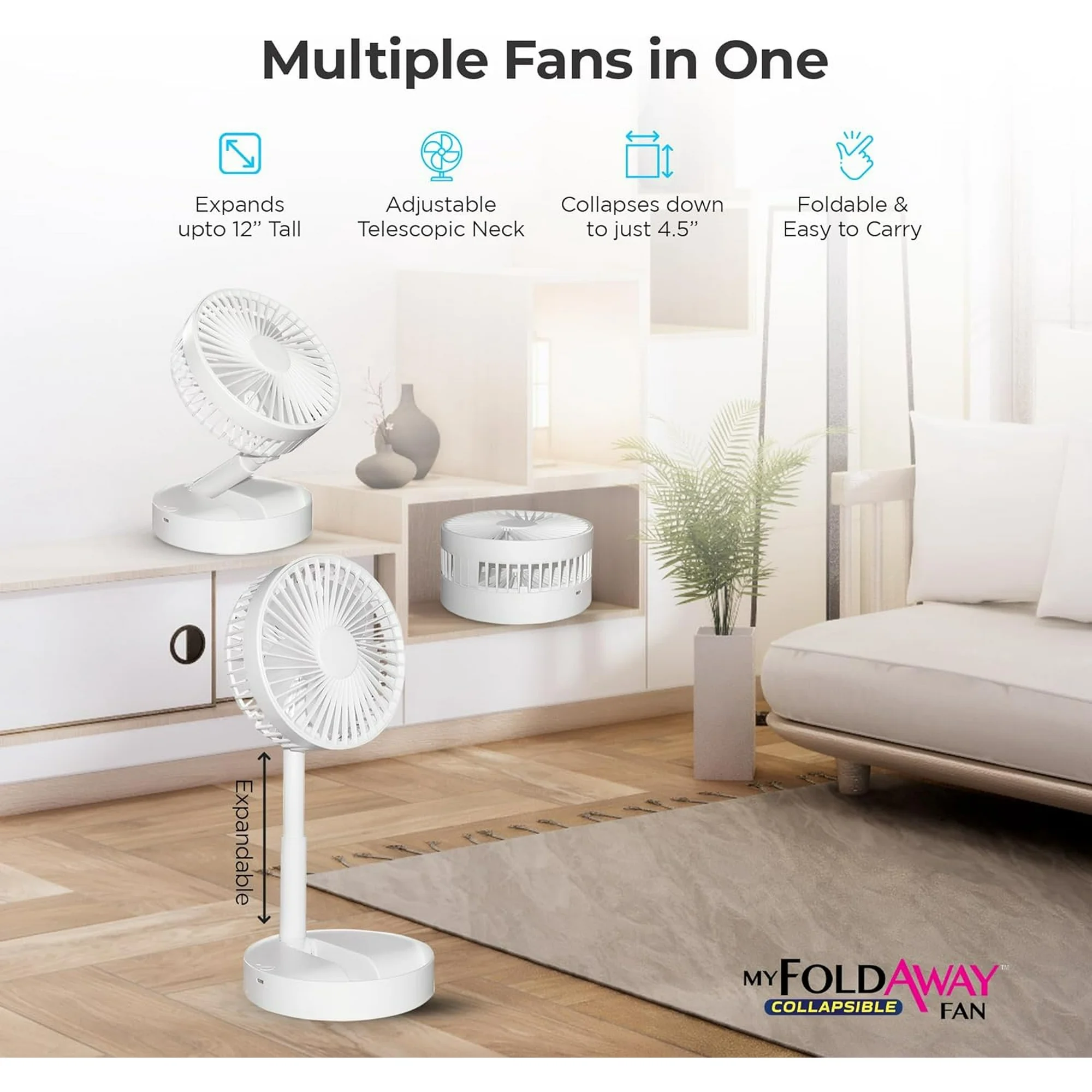 Bell + Howell My Foldaway Fan Rechargeable Fan Collapsible, Ultra Lightweight Portable Compact Extendable to 12" High with 2 Speed Modes As Seen On TV - Image 3